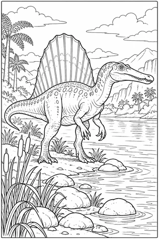 Sail-backed dinosaur with a long snout and tail standing beside water, reeds, rocks and distant cliffs.