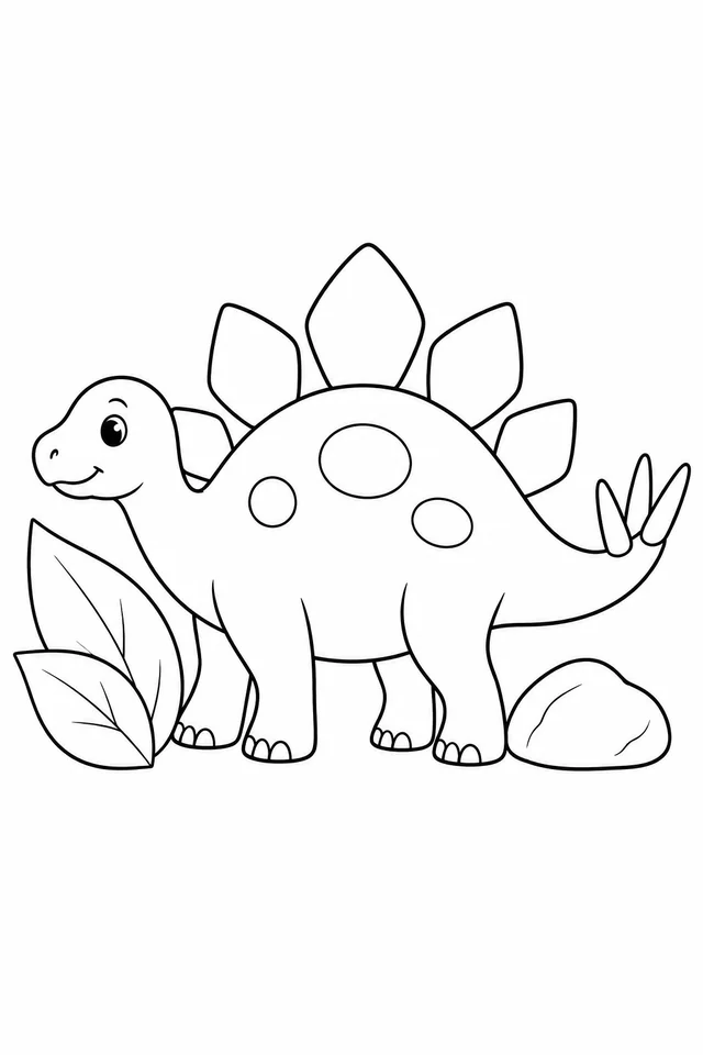 A simple smiling Stegosaurus with large back plates, three body spots and a spiked tail stands beside two leaves and one rock.