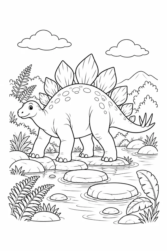 A smiling Stegosaurus with tall back plates stands on stones in a shallow stream, surrounded by ferns, shrubs, distant hills and two clouds.