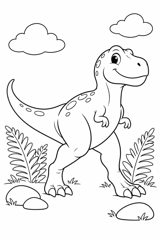 A smiling cartoon T. rex with two small arms, broad feet and an upturned tail stands between ferns below two clouds.