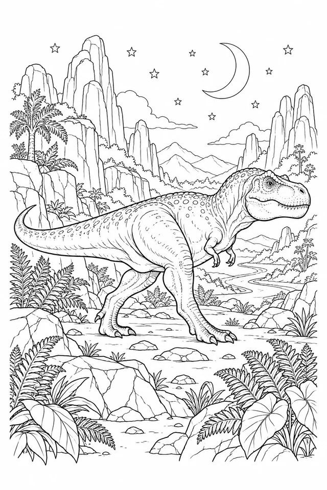A detailed T. rex walks across a rocky clearing between tall cliffs, with ferns, a winding river, distant mountains, a crescent moon and stars.