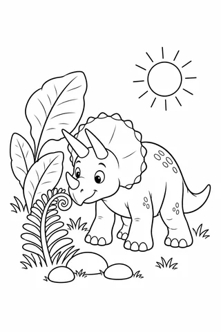 A smiling cartoon Triceratops with three horns and a rounded frill stands beside large leaves and a curling fern, with stones below and a sun overhead.