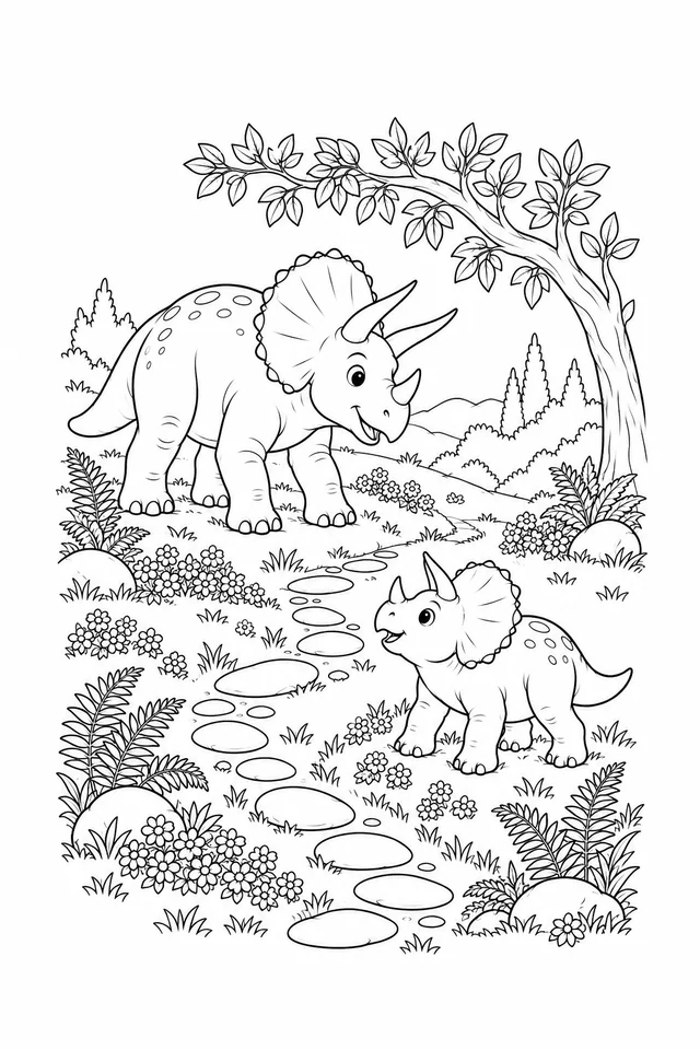A larger and smaller Triceratops face each other beside a curving stepping-stone path surrounded by daisies, ferns, rocks and a leafy tree.