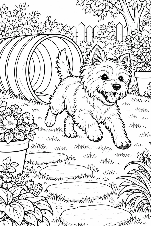 A whole running terrier in front of a ribbed agility tunnel, surrounded by garden plants, pots and stepping stones.