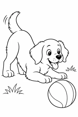 Whole puppy bowing with front paws stretched toward a large ball and tail raised above its back.