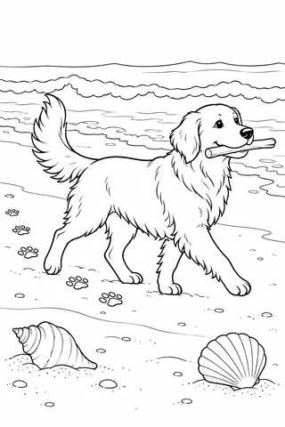 Whole dog carrying a stick along a beach with a trail of pawprints, sea waves and two foreground shells.