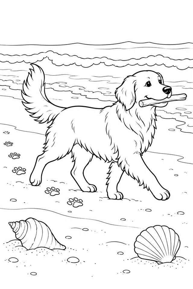Whole dog carrying a stick along a beach with a trail of pawprints, sea waves and two foreground shells.