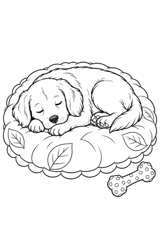 Sleeping dog curled on a scalloped round cushion with large leaf motifs and a bone-shaped chew toy.