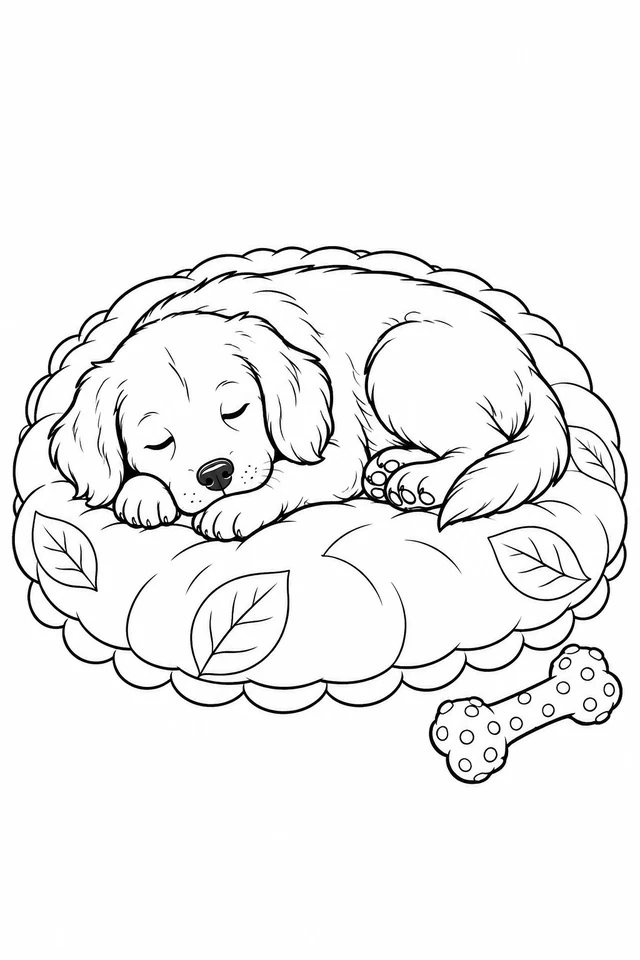 Sleeping dog curled on a scalloped round cushion with large leaf motifs and a bone-shaped chew toy.