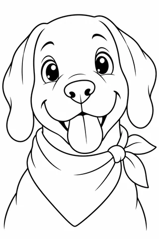 Smiling puppy head and chest with floppy ears, a tongue and a plain tied neckerchief.