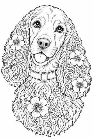 Long-eared adult dog portrait with flowers, paisley and leaf patterns filling the ears and chest beneath a plain collar.