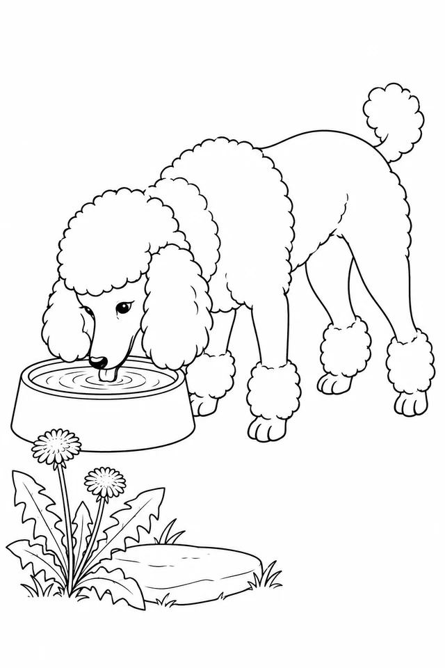 Curly-coated dog standing with four paws beside a round water bowl, head lowered to drink, with dandelions and a stepping stone nearby.