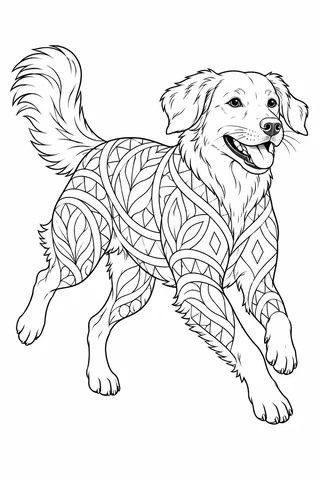 Long-haired adult dog bounding forward with four paws visible, a raised flowing tail and geometric leaf-and-diamond patterns across its body.