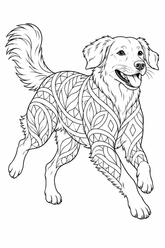 Long-haired adult dog bounding forward with four paws visible, a raised flowing tail and geometric leaf-and-diamond patterns across its body.