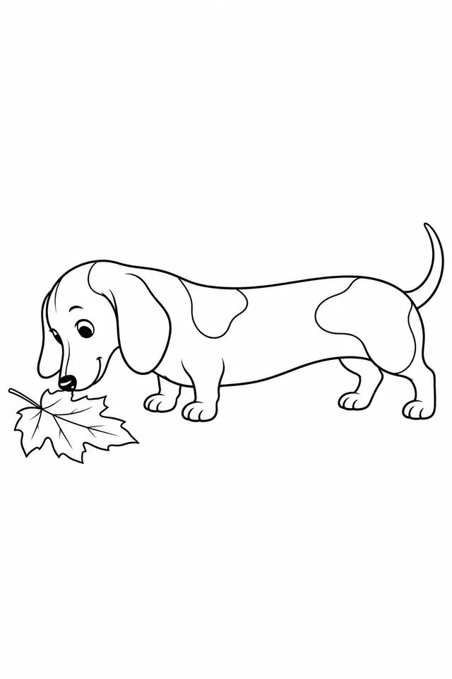 Whole long-bodied short-legged dog lowering its nose toward a large leaf, with four short legs and a thin curved tail.