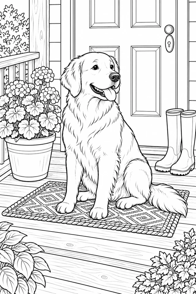 Seated dog on a diamond-patterned mat beside potted geraniums and rain boots in front of a cottage door.