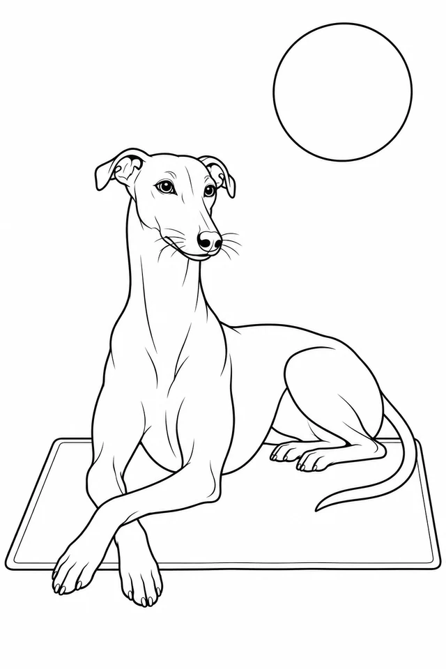 Slim long-legged adult dog resting on a rectangular mat with crossed front paws, folded ears and a thin curved tail, beneath a round sun.