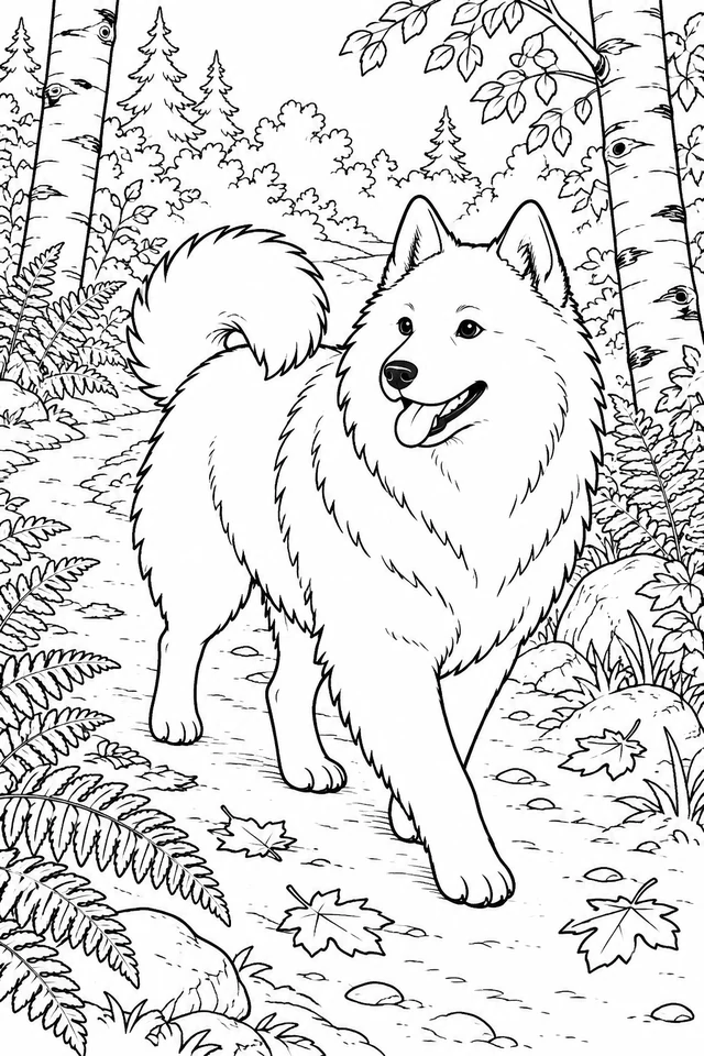 Fluffy adult dog with pointed ears and a curled tail walking on a woodland path between birch trees, ferns, stones and fallen leaves.