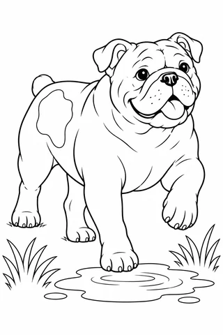 Stocky short-muzzled dog lifting one front paw beside a shallow puddle, with a large side patch and grass tufts.