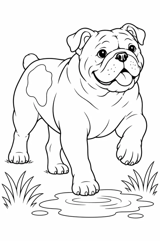 Stocky short-muzzled dog lifting one front paw beside a shallow puddle, with a large side patch and grass tufts.