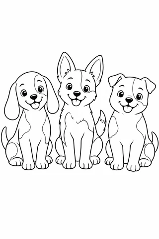 Three whole puppies sitting side by side, with floppy, upright and folded ears and large outlined fur patches.