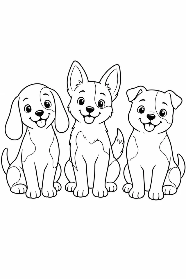 Three whole puppies sitting side by side, with floppy, upright and folded ears and large outlined fur patches.