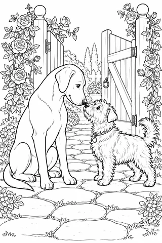 Two differently sized dogs greeting at an open wooden garden gate surrounded by roses, leaves and paving stones.