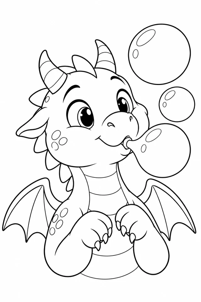 Baby dragon shown from the chest up blowing three large bubbles, with horns, two forepaws and spread wings.