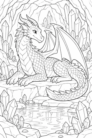 Dragon resting on a rock ledge inside a crystal cave, with partly spread wings, outlined scales, crystal clusters and a small pool.