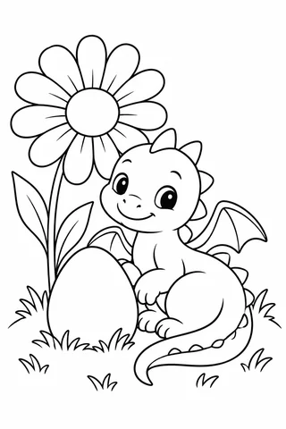 Baby dragon with two wings beside a large daisy and an egg on a grassy mound.