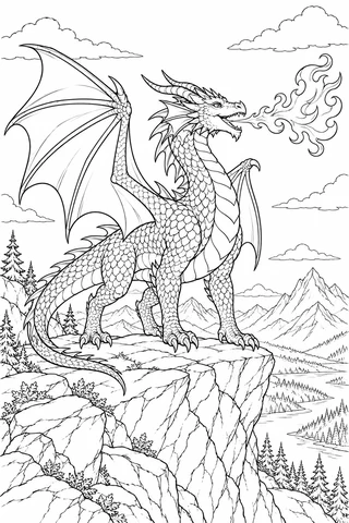 Four-legged dragon with two wings breathing a decorative flame above a mountain lake from a rocky ledge.