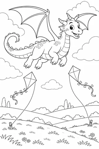 Four-legged dragon flying above two diamond kites on strings, rolling hills and rounded clouds.