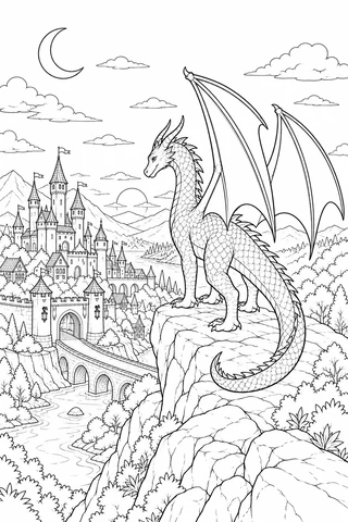 Large scaled dragon with raised wings standing on a rock above a castle, arched bridge and river, beneath a crescent moon.