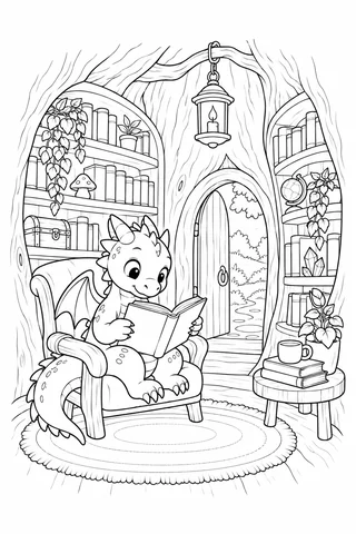 A dragon reading in an armchair inside a tree library, with bookshelves, plants and a hanging lantern.