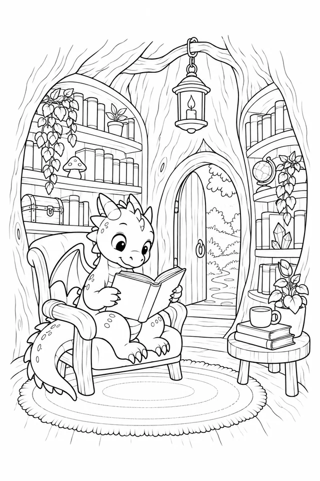 A dragon reading in an armchair inside a tree library, with bookshelves, plants and a hanging lantern.