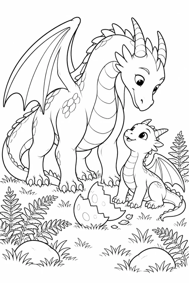 Adult dragon bending toward a baby dragon beside a broken eggshell, with wings, tails, ferns and stones.