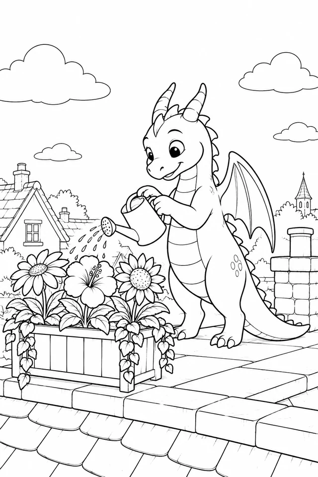 Upright dragon holding a watering can above a flower planter on a roof terrace, with wings, chimney and neighboring rooftops.