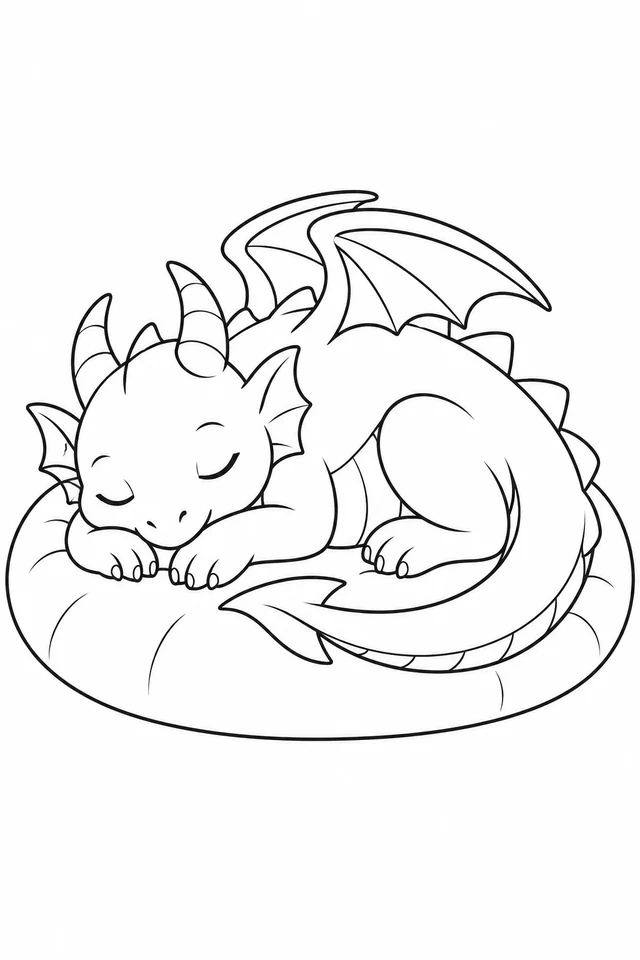 Sleeping dragon curled on an oval cushion, with closed eyes, small wings, horns and a long tail.