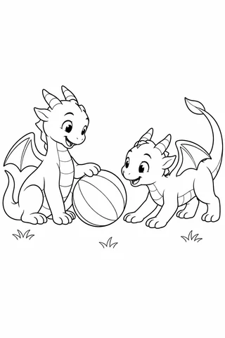 Two baby dragons playing with a large striped ball, one seated and one in a playful bow, beside three grass tufts.