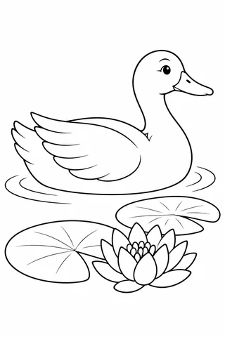 A side-view duck floats above two broad lily pads and an open water lily, with curved ripples around its body.