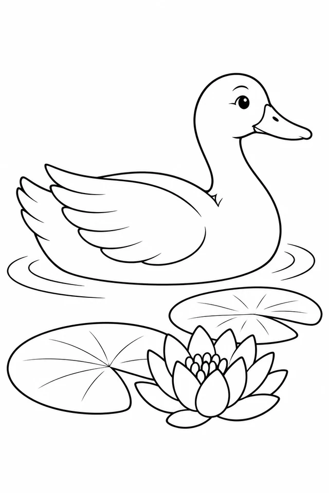 A side-view duck floats above two broad lily pads and an open water lily, with curved ripples around its body.