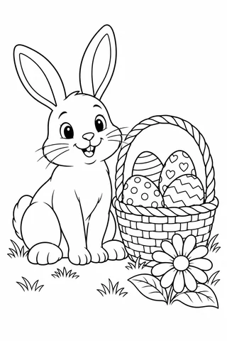 A smiling rabbit with long ears beside a woven basket holding four patterned Easter eggs and a daisy.