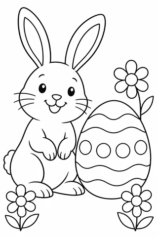 Upright rabbit beside a large egg with wavy bands and circles, surrounded by three daisies.