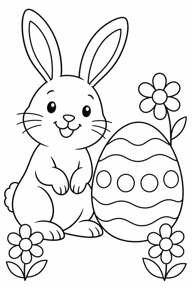 Upright rabbit beside a large egg with wavy bands and circles, surrounded by three daisies.