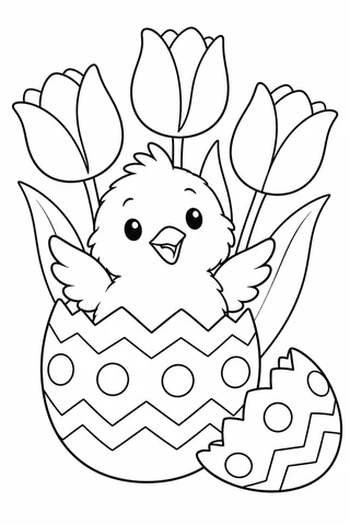 Round chick with two wings between two cracked decorated eggshell pieces and three tulips.