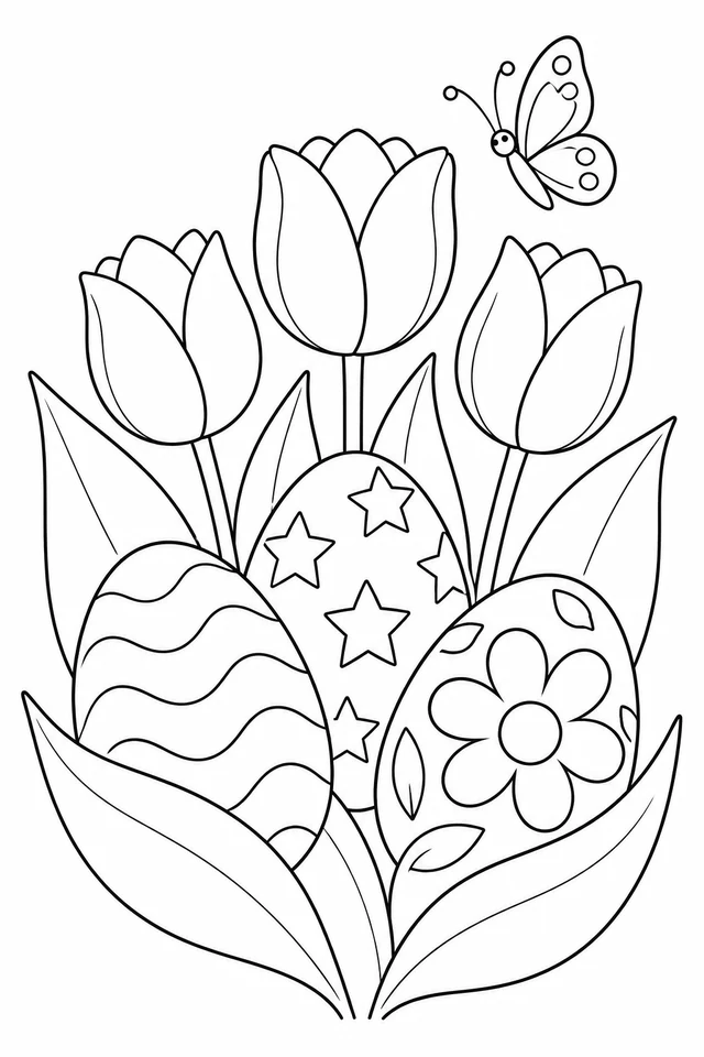 Three patterned Easter eggs among three tulips and broad leaves, with a butterfly above.