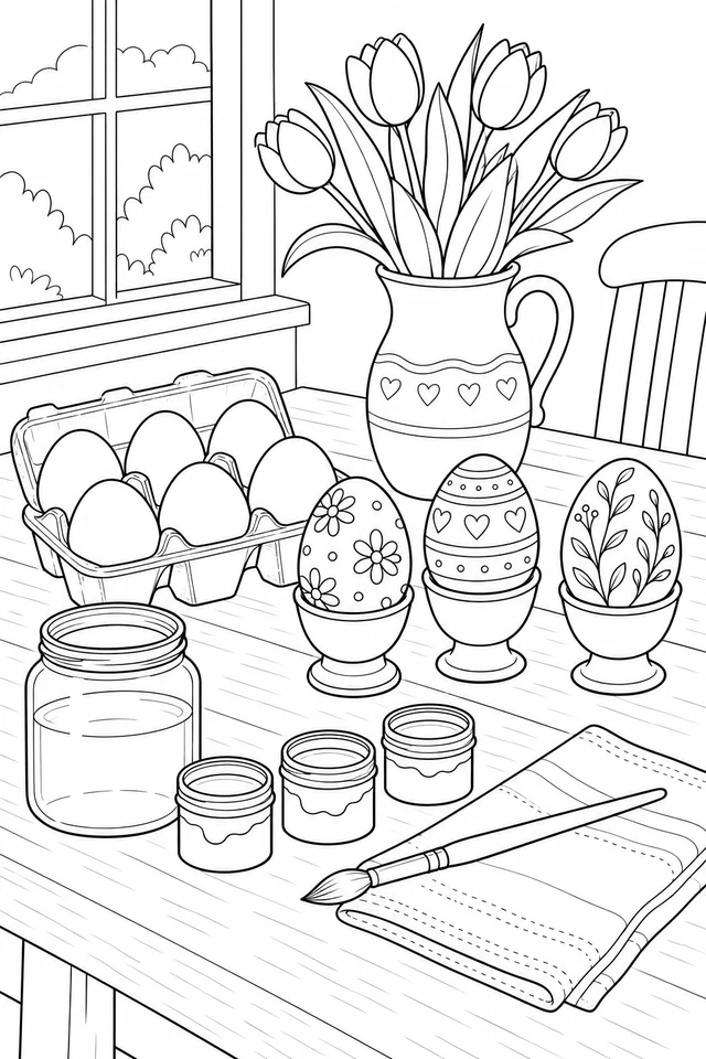 Eggs in a carton and three decorated eggs in cups on a craft table with paint pots, a brush, cloth and tulips.