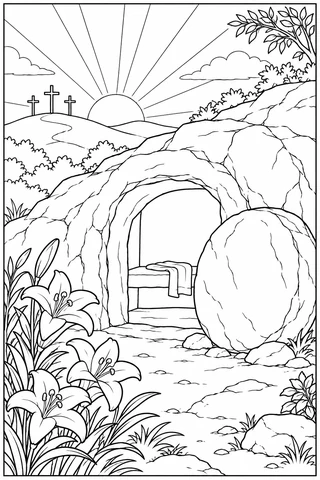 Open rock-cut tomb with a circular stone to one side and folded cloth inside, lilies in front and three distant crosses beneath a sunrise.