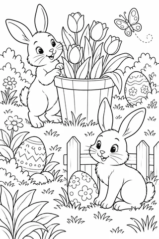 Two rabbits looking around a tulip planter and low garden fence, with three patterned Easter eggs and a butterfly.