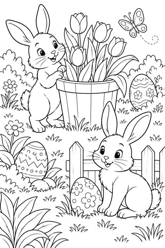 Two rabbits looking around a tulip planter and low garden fence, with three patterned Easter eggs and a butterfly.